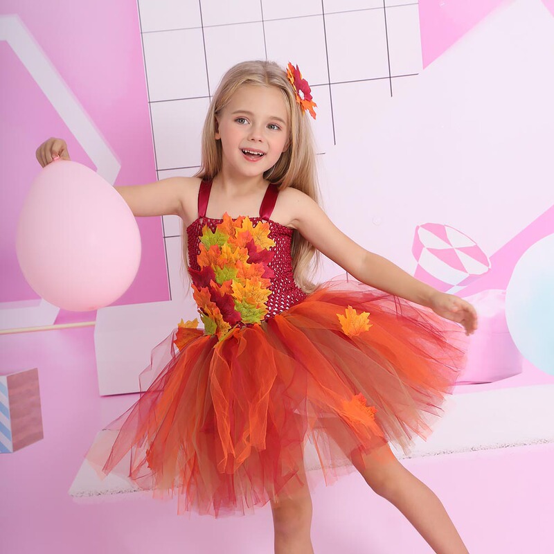 European and American New Kidsren's Simulated Maple Leaf Princess Dress Thanksgiving Girl Elf Tutu Skirt Mesh Performance Tutu Skirt