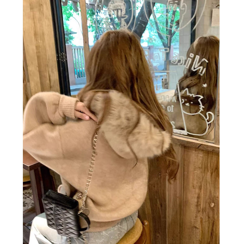 气质时髦休闲风大毛领毛衣 开衫外套女秋冬宽松显瘦软糯针织衫潮|undefined
