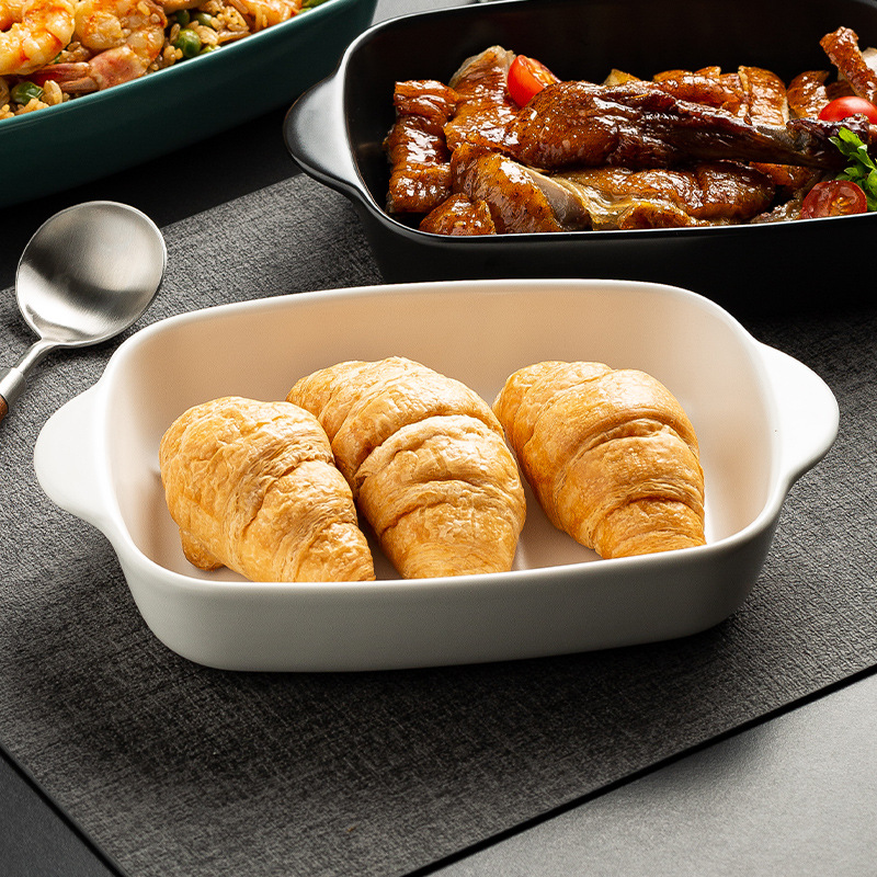 Plato de arroz al horno con queso de estilo nórdico Plato para hornear para el hogar Tazón para hornear binaural Horno rectangular de cerámica Plato para microondas