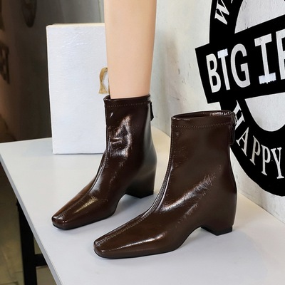 2323-2 Retro British style square toe fashion versatile short boots for women, with a zipper at the back and a single bo