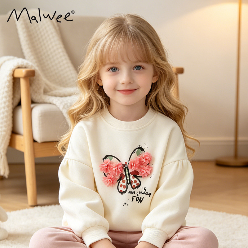 Malwee Girls' Autumn Sweatshirt, European and American Style, Stylish Round Neck Long Sleeve Children's Casual Top