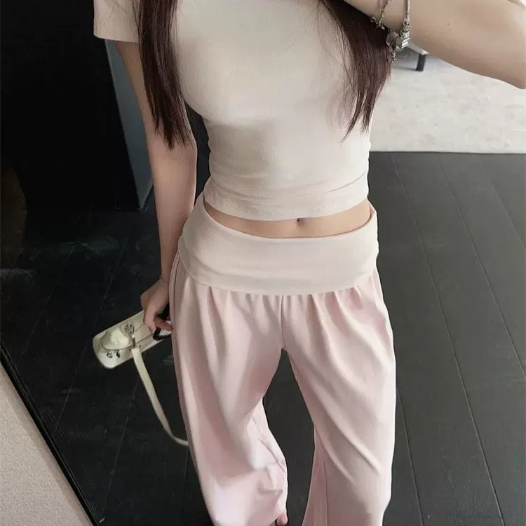 针织翻腰糯米裤粉色春夏款新款设计感宽松休闲风垂感阔腿裤长裤