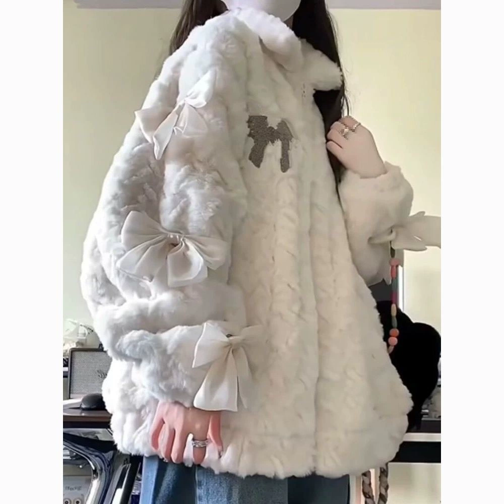 Молоко fufu!!! [Трехмерный бант] пушистая шерсть ягненка женская INS толстая ватная одежда кролика