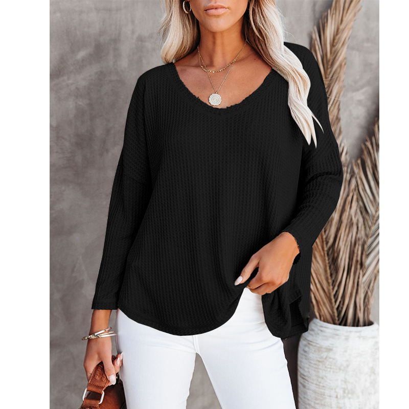 V-neck long-sleeved loose waffle top nihaostyles wholesale clothing NSFM84832