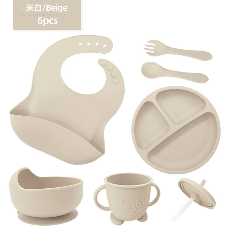 Vajilla de silicona para niños Juego de 6 piezas de silicona para bebés Tazón de alimentos complementarios separados Cuchara tenedor Taza para aprender a beber Juego de vajilla para madres y bebés