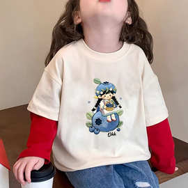 春秋季女童长袖T恤上衣新仿刺绣款洋气儿童中小童撞色秋衣假两件