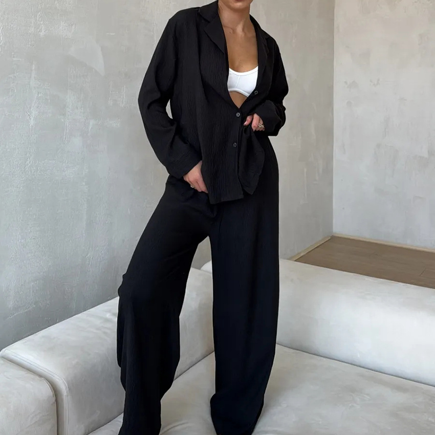 2025 pijamas de manga larga de color sólido de estilo fino transfronterizo europeo y americano, camisa holgada y cómoda de dos piezas, ropa de hogar para damas