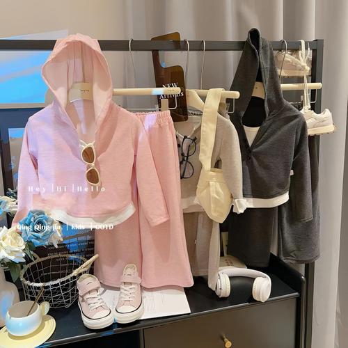 Mousse velvet two-piece hooded base shirt and children's wide-leg pants set autumn suit children's Korean-style children's clothing