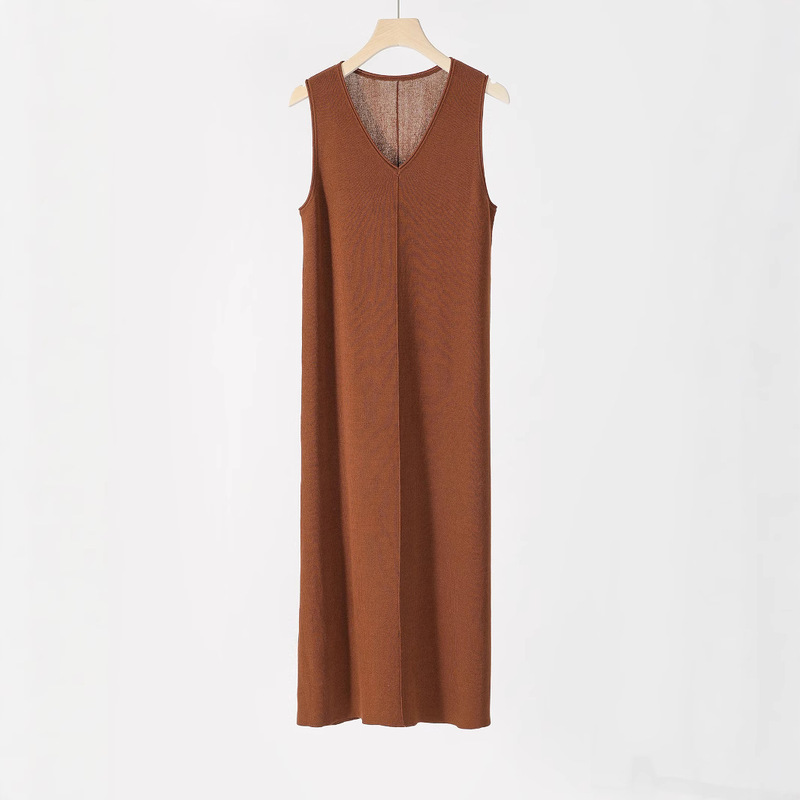 Wool Knitted Dress Spring & Fall New Style Women's Outer Wear Loose Sleeveless Long Vest Vest Sweater Dress Sleeveless V Neck