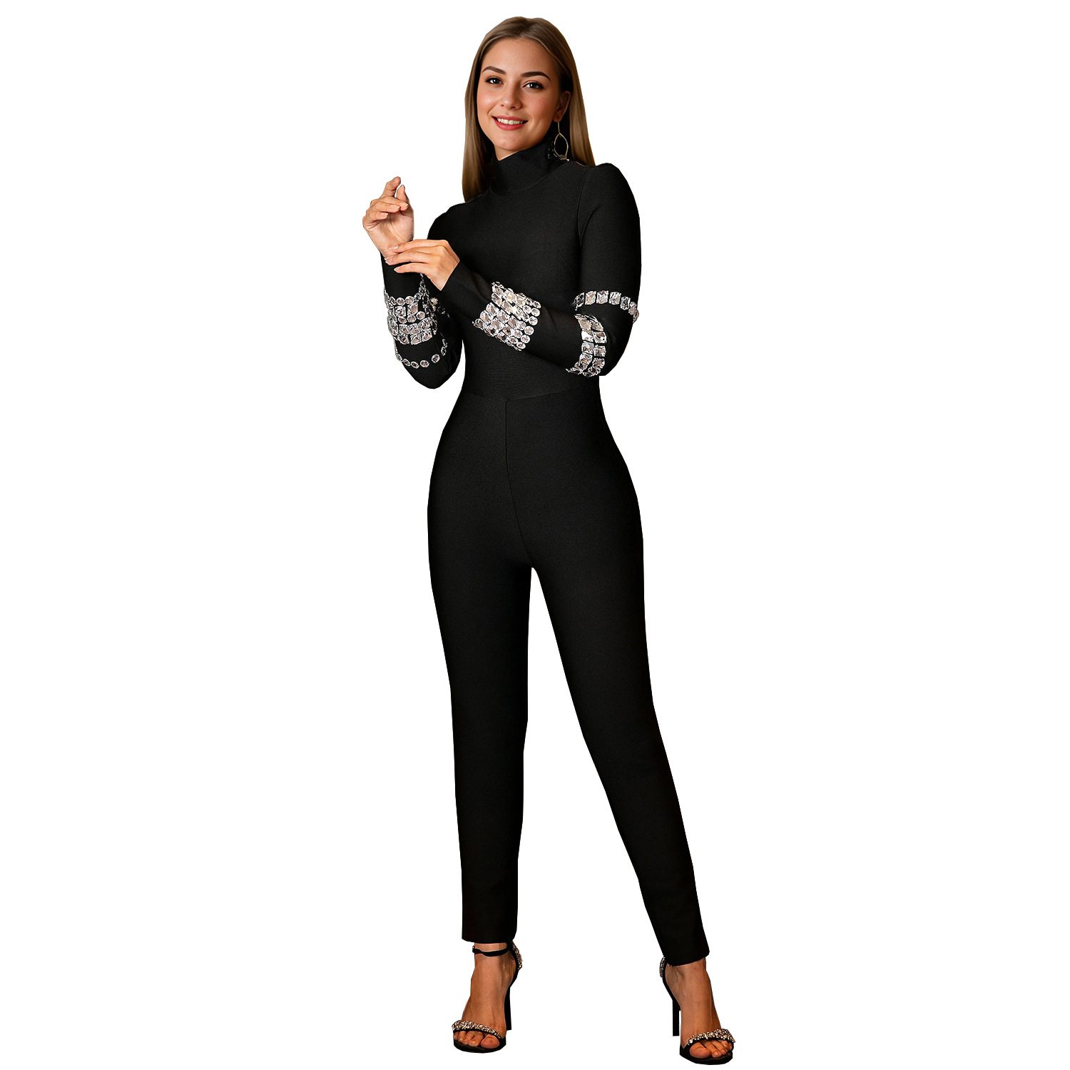C7173 Aliexpress transfronterizo Amazon Europa y América de moda de mujer manga larga combinación de cuello alto atmósfera de taladro caliente junk image 5