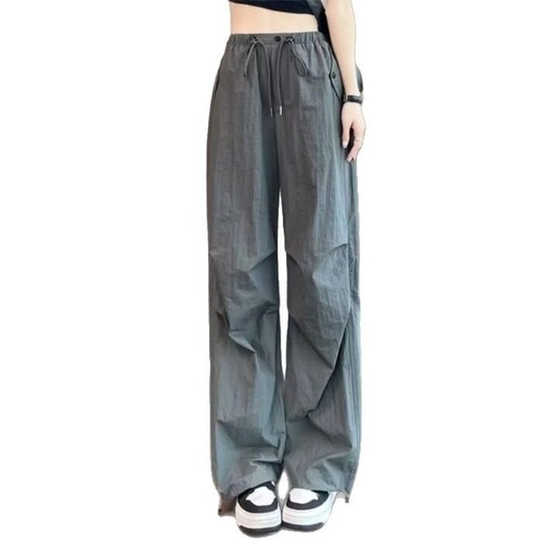 Summer Thin American Ice Silk Work Pants for Youth High-Waisted Loose Tied-Ankle Casual Straight Leg Sports Pants