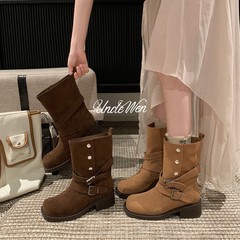 羊皮版～堆堆靴新款厚底增高秋季美拉德短靴粗跟皮带扣马丁靴女
