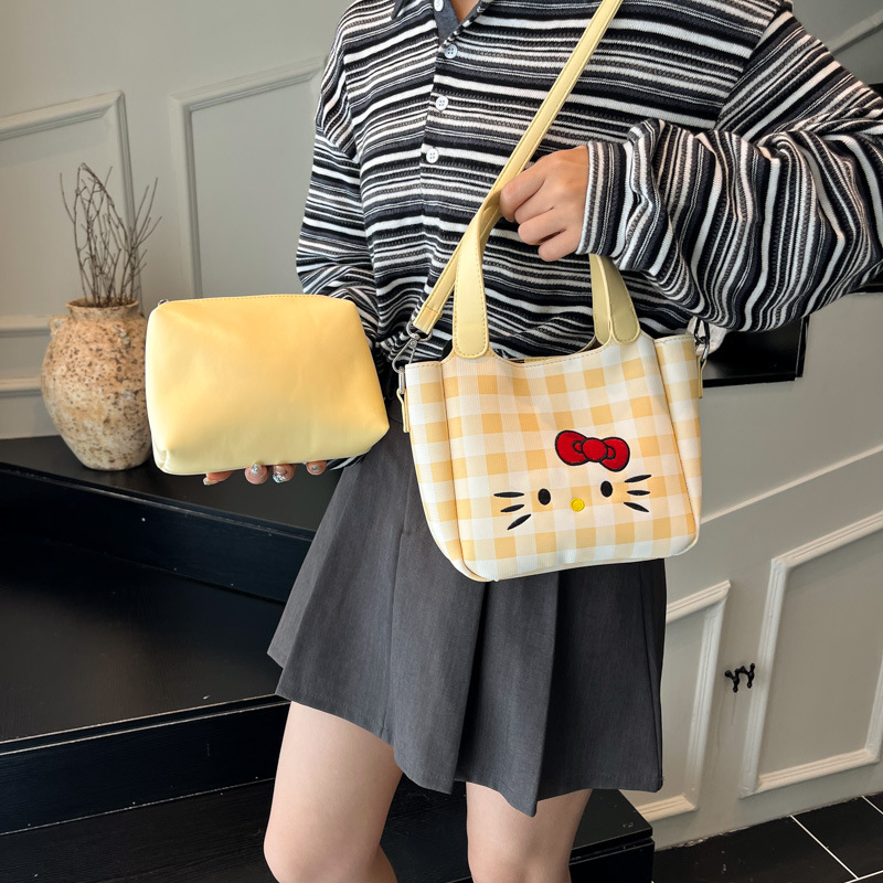韩版kitty猫格子小包包女2025新款百搭单肩斜挎包爆款可爱水桶包|undefined