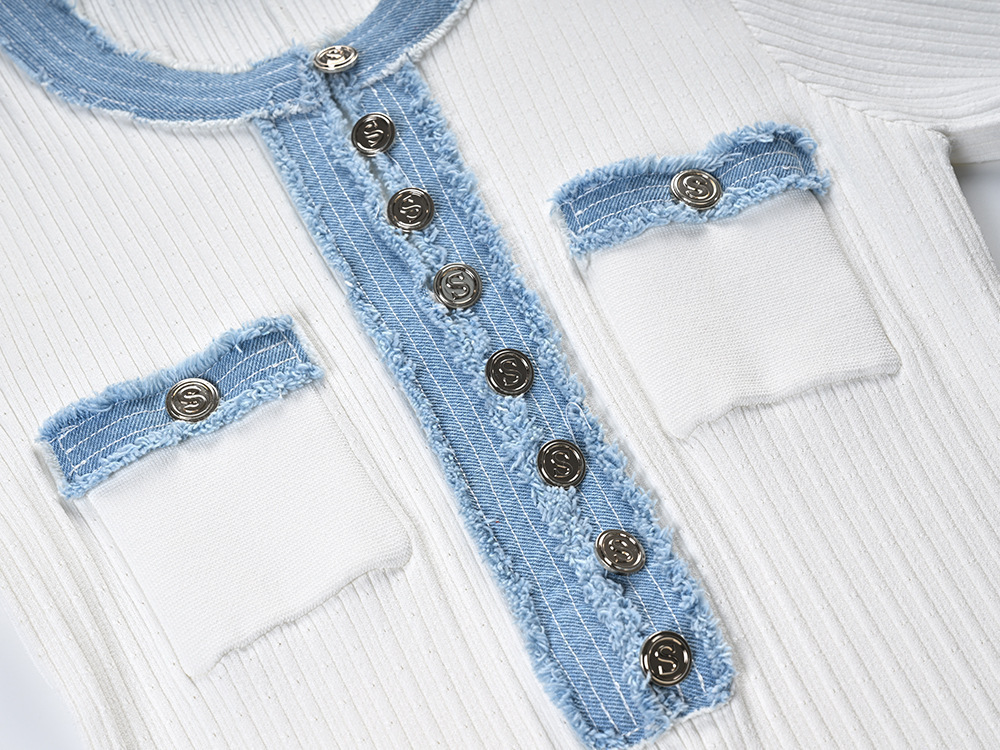 Elegancki damski sweter D, nowy letni, dżinsowy, patchworkowy, długi, z guzikami i okrągłym dekoltem, dzianinowy_voghion.com