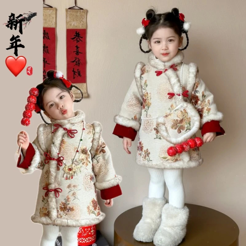 Niñas gruesas falda cheongsam otoño invierno 2025 nuevo estilo chino chino chino vestido de estilo nacional niños grueso vestido de Año Nuevo image 7
