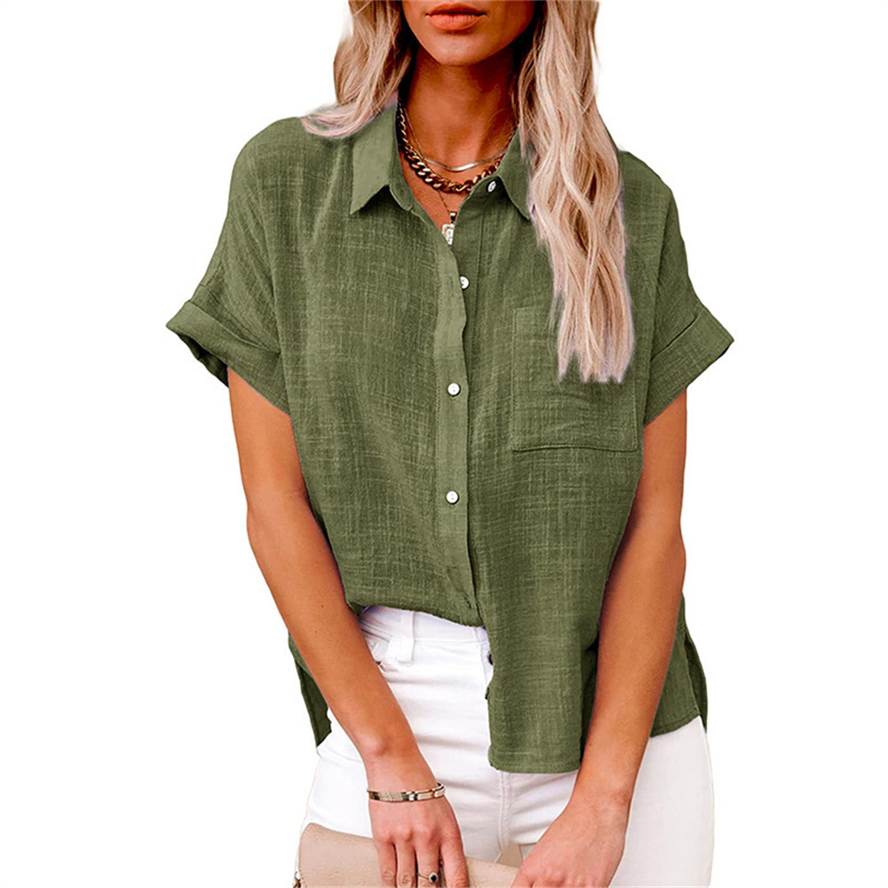 Women's Cotton Linen Short Sleeve Shirt With Pocket Spring/Summer Top For Commuter And Casual Wear_ecoleips.com