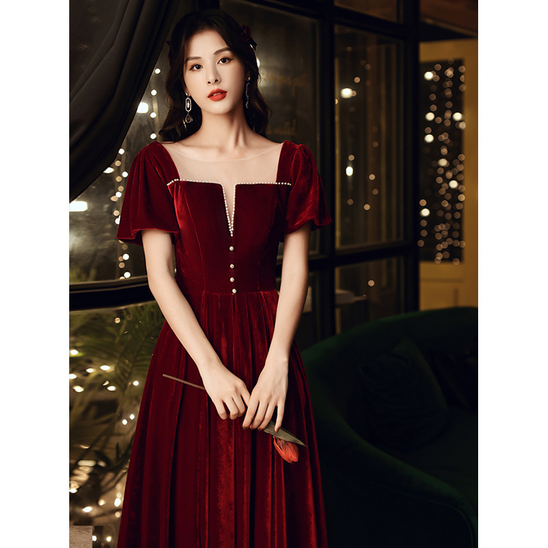 絲絨敬酒服新娘2021新款秋季方領結婚回門長款酒紅色訂婚晚禮服女