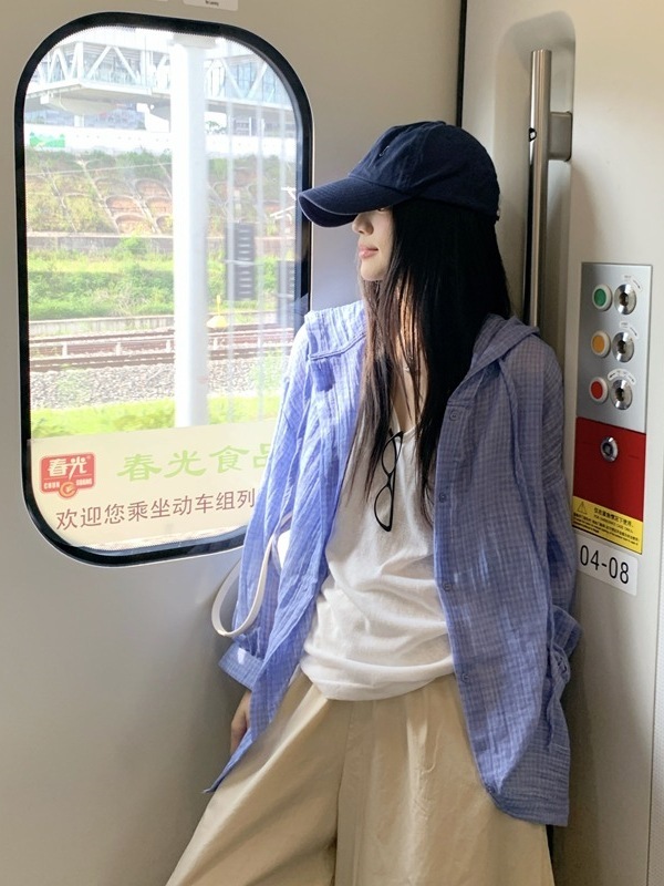 蓝色格子连帽长袖衬衫女夏季防晒外套宽松衬衣设计感休闲开衫上衣|undefined