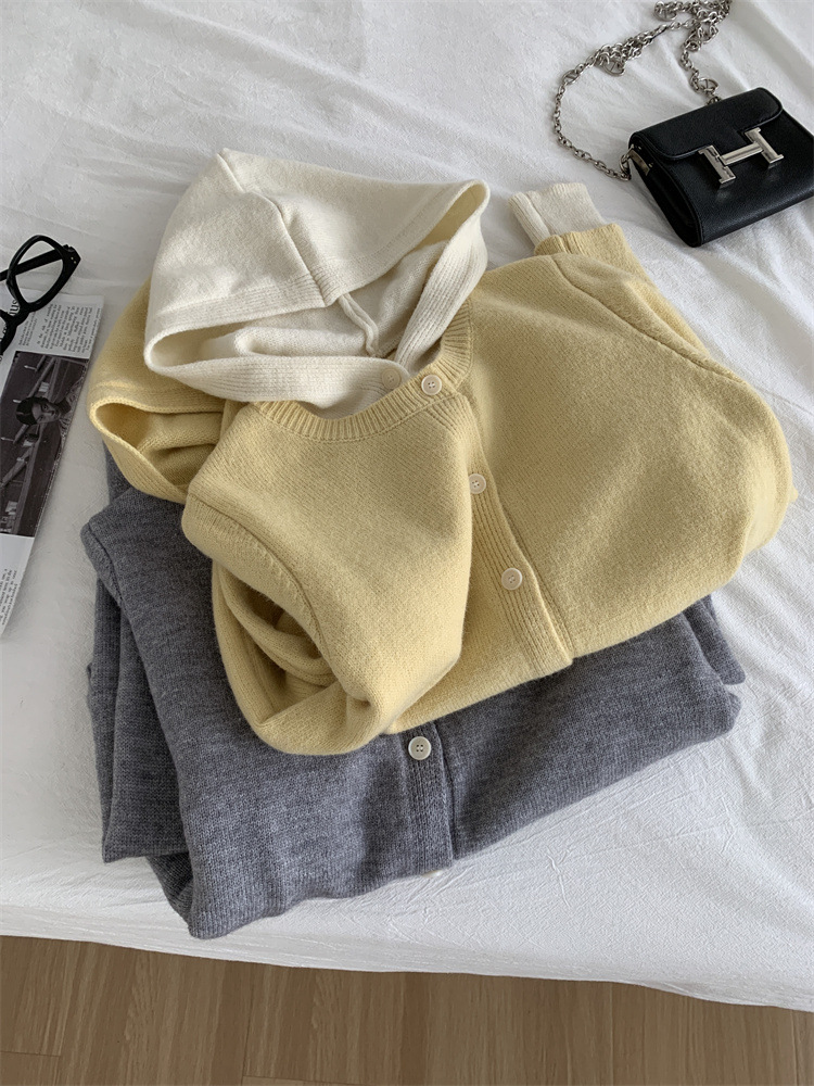 马卡龙撞色连帽针织开衫女设计感假两件毛衣外套春秋宽松百搭上衣