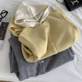 马卡龙撞色连帽针织开衫女设计感假两件毛衣外套春秋宽松百搭上衣