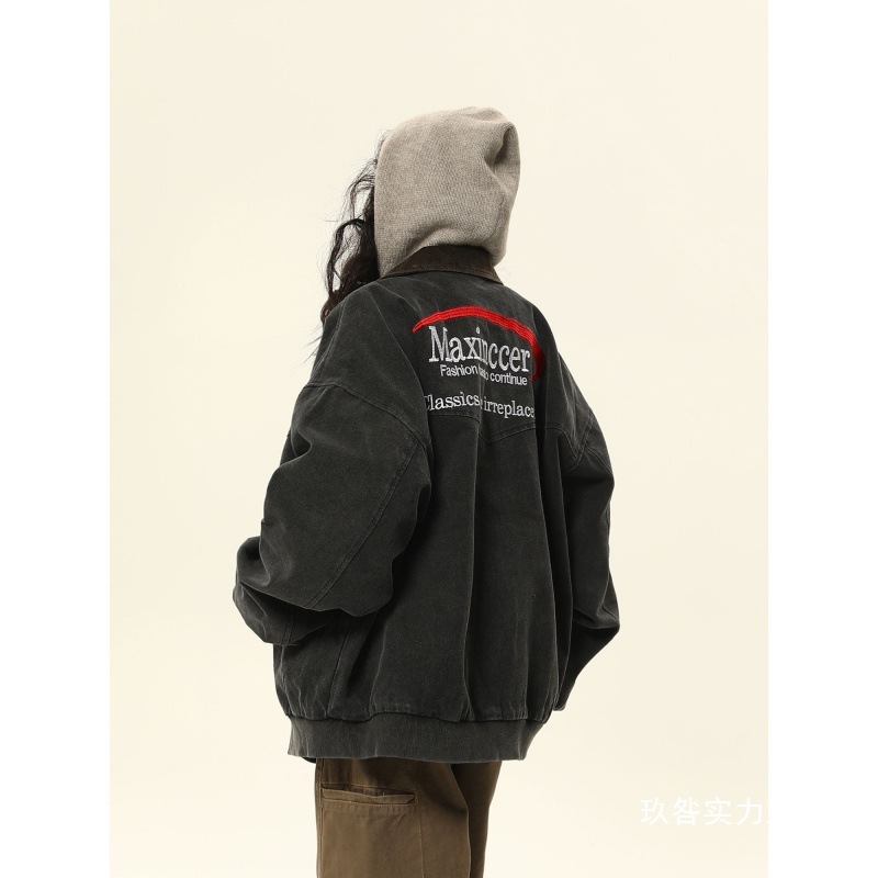 美式复古水洗做旧vintage潮牌工装外套男女春秋翻领刺绣情侣批发