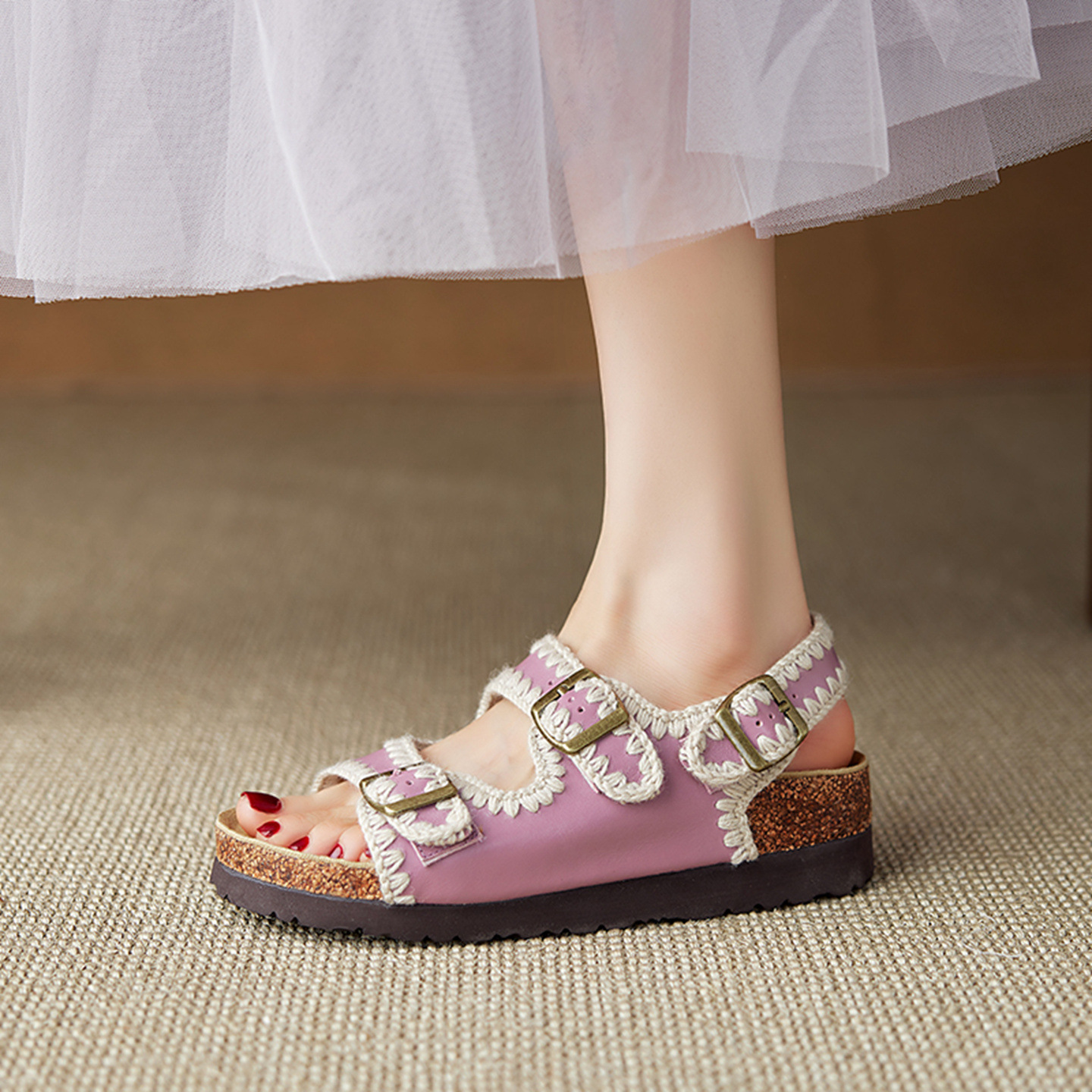 Dép sandal nữ hở mũi da bò đế dày phong cách Birkenstock — tím