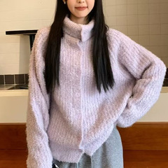 紫色の高襟セーター女性の冬のゆるい中の長さの怠惰感独特のニットカーディガンのコートが流行している