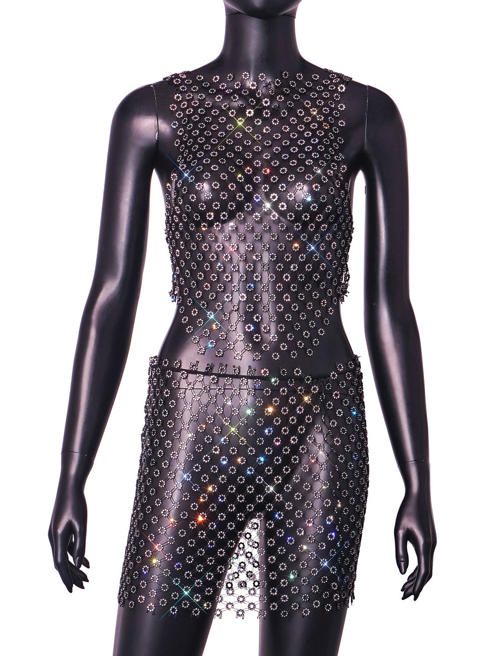 Women's Sexy Hollow Out See-through Mesh Rhinestone Suit Skirt