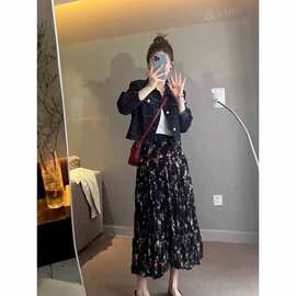 2024年秋季新款时尚套装小香风桔梗牛仔外套碎花半身裙两件套装女