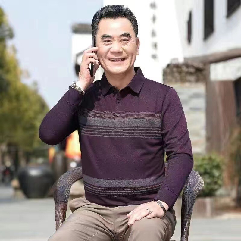 Middle-aged Men's Long-sleeved T-shirt Dad Autumn Top-breaking Base Shirt Middle-aged Men's Spring and Autumn Top POLO Shirt