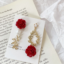 红色玫瑰花朵耳环树叶不对称耳坠珍珠银针耳钉韩国东大门耳饰耳夹