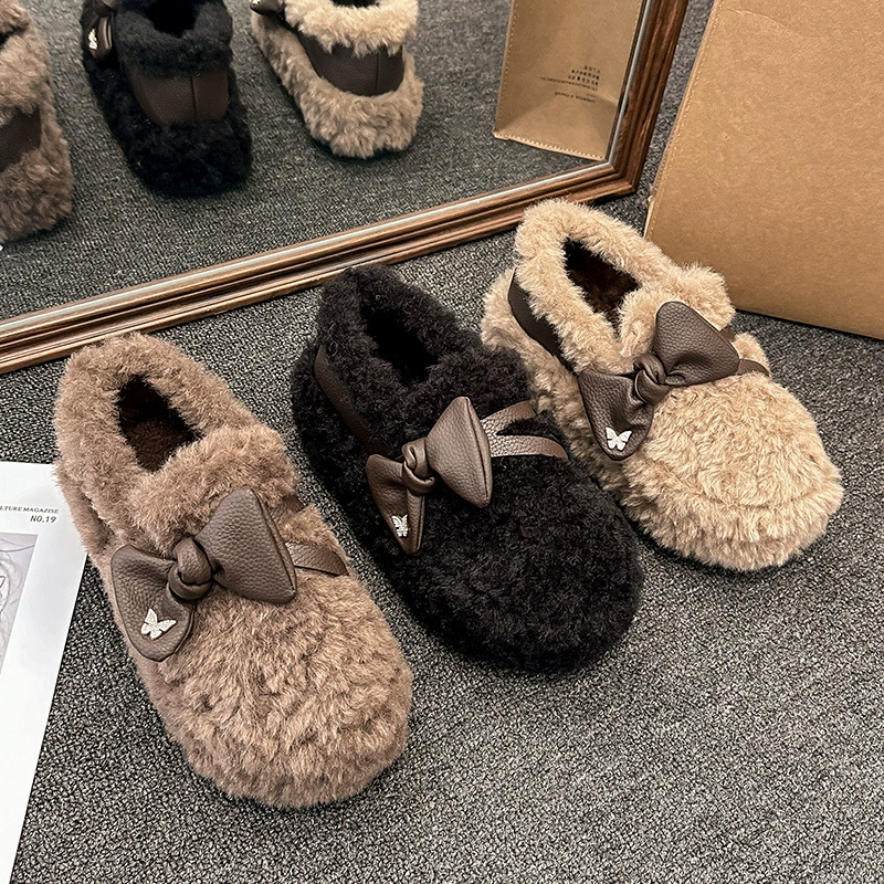 5CM удобные милые плюшевые меховые туфли для женского пола носить осень-зима 2024 новая корейская мода бант хлопковая обувь