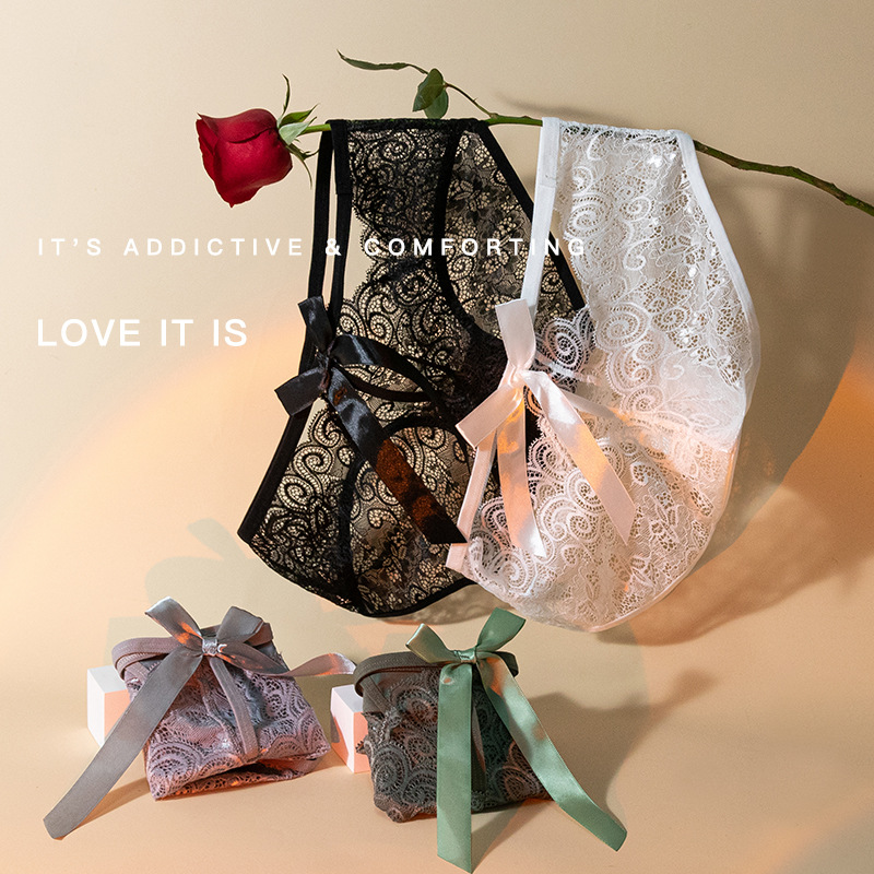 Negro sexy encaje puro quiere viento cintura encaje niñas arco negro encaje algodón inferior entrepierna ropa interior cómoda