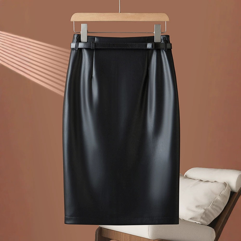 Simple and stylish sheepskin skirt with a back slit, women's new autumn and winter mid-length high-waisted pencil skirt