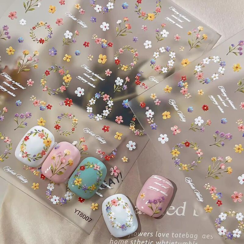 Fresh Pastoral Style Nail Art with Embossed Designs, Sweet Field Floral Patterns, Dried Flowers, Cute Wreaths, Daisy Nail Stickers