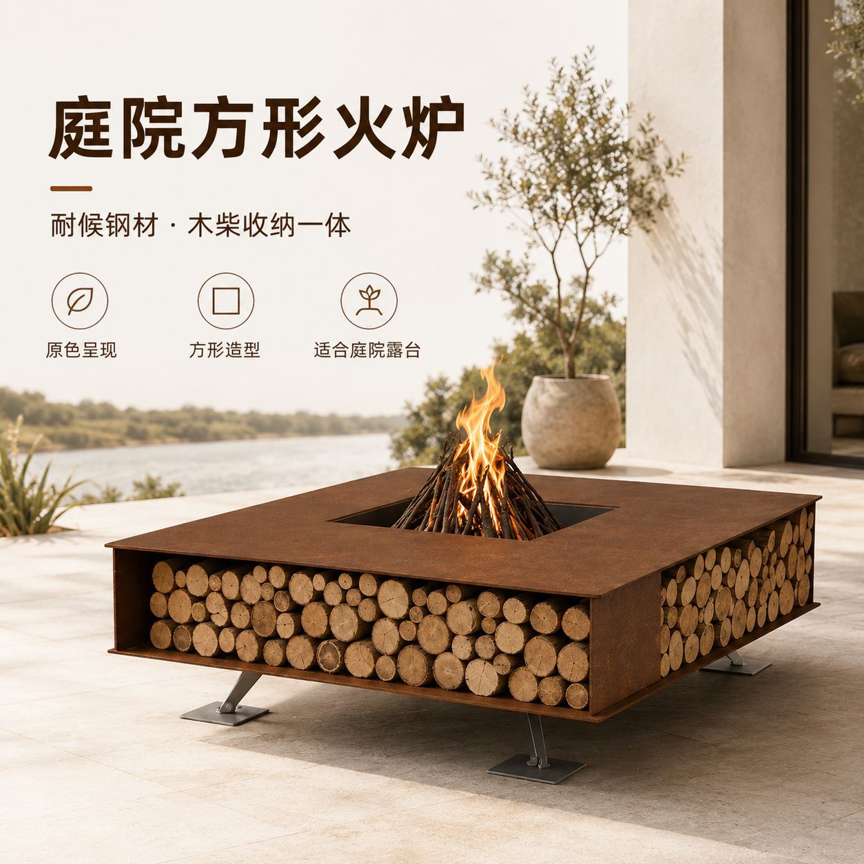 室外篝火方形真火燃木壁炉桌围炉煮茶烧烤烤肉户外露营火炉桌定制