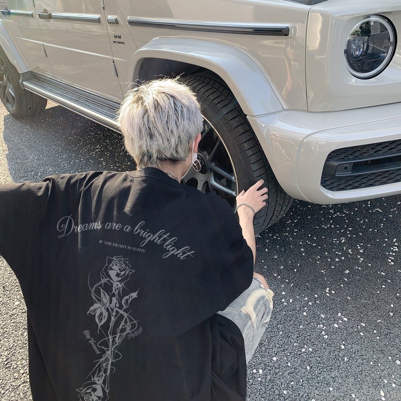 ホワイトコットンヘビーウェイト半袖Tシャツメンズ夏アメリカントレンドローズプリントルーズラウンドネック五分袖トップ|undefined