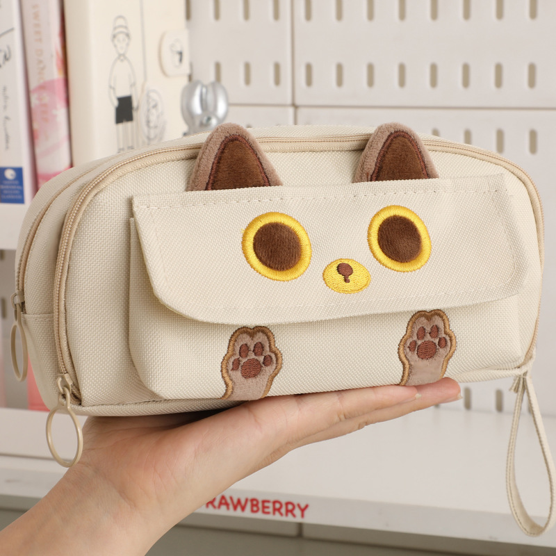かわいい猫この大容量刺繍ペンケース中学生筆箱シンプルな多機能学生文具箱|undefined