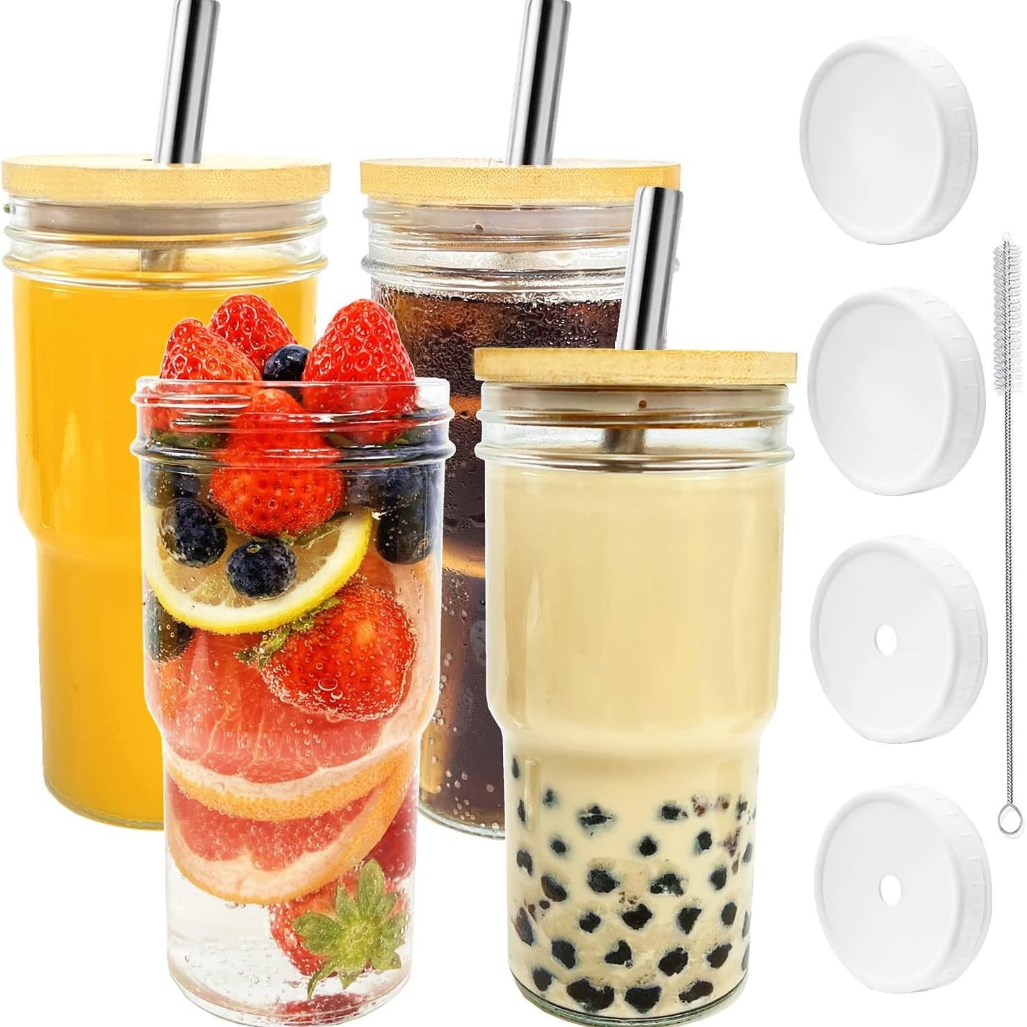 亞馬遜外貿24oz竹節梅森玻璃杯吸管竹蓋冷飲杯啤酒杯飲料杯果汁杯