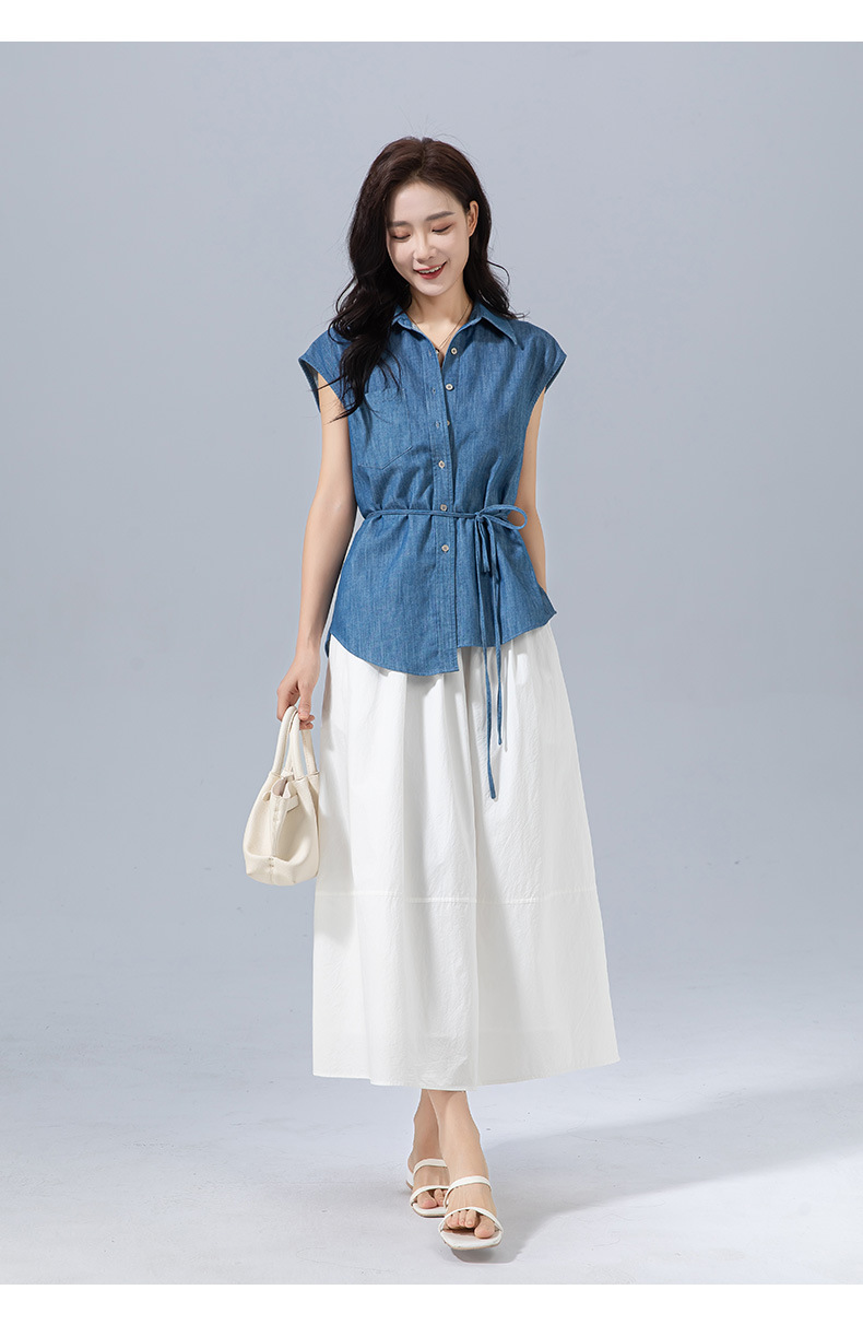 Áo sơ mi denim Tencel không tay thiết kế Xinge dáng suông đi làm — Màu xanh lam chi tiết 3