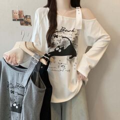 大码个性露肩卡通印花长袖t恤女春秋新款胖mm宽松显瘦休闲上衣女