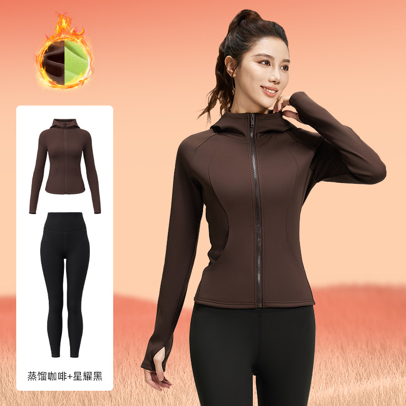 Juyitang otoño e invierno más traje deportivo de terciopelo cintura casual fitness delgado traje de yoga con capucha mujeres image 12