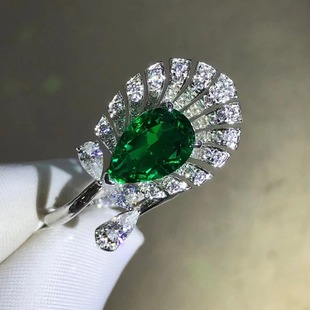 Light Luxury Cultivated Emerald 9K Ring Set with Synthetic Drop Shape 3.01 karat Emerald Gem Jewelry