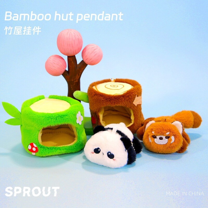 Cute Bamboo House Panda Raccoon Pendant, Adorable Tree Hole Keychain, Bag Charm, Children's Toy, Gift for Girls