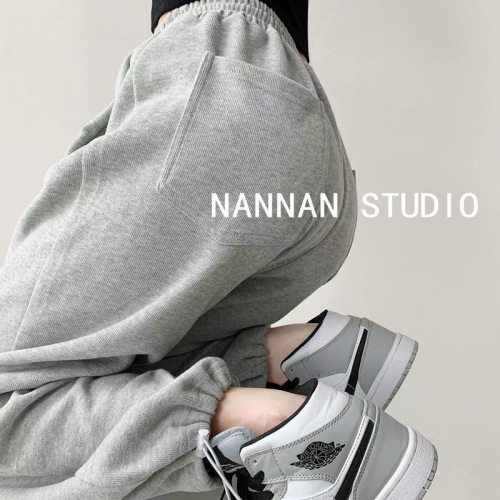 Women's Autumn/Winter New Arrival Light Gray Sport Pants High-Waisted Fleece Ankle Pants Versatile Casual Ins Trend Wide Leg Pants