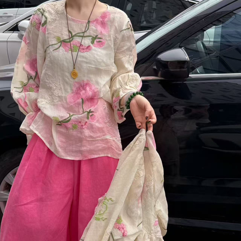 Heavy Embroidery Floral Lantern Sleeve Ramie Shirt 2026 Summer Loose Slimming Versatile Long Sleeve Pullover Sun Protection Top Heavy Embroidery Floral Lantern Sleeve Ramie Shirt 2026 Summer Loose Slimming Versatile Long Sleeve Pullover Sun Protection Top