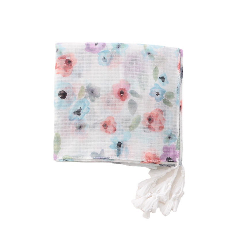 Japonés y coreano dulce estilo artístico flor colorida algodón y lino sensación bufanda borla bufanda viaje protector solar chal bufanda para las mujeres