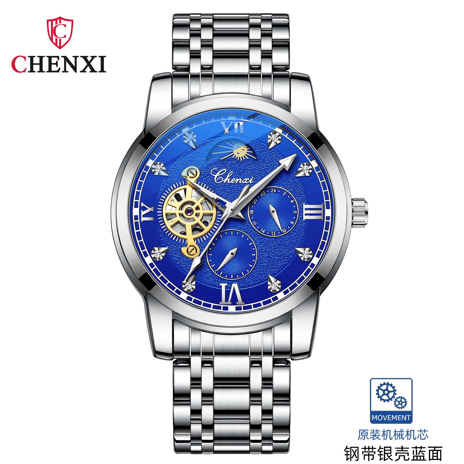 CHENXI reloj casual reloj mecánico automático de los hombres fase lunar nueva mariposa hebilla correa de acero hueco-hacia fuera transparente inferior
