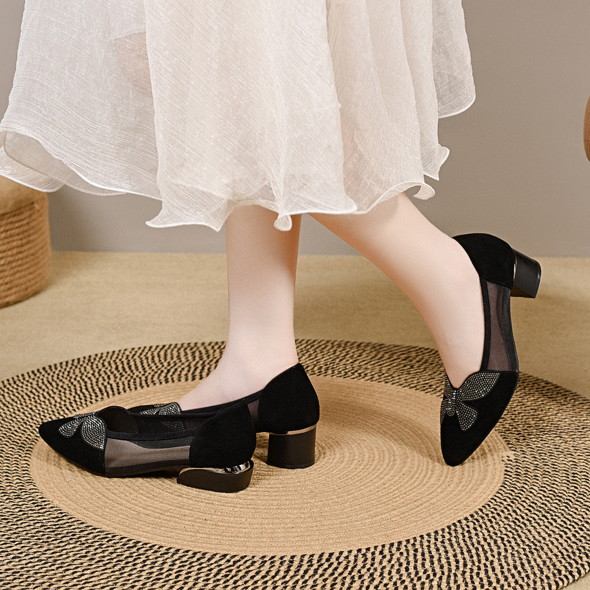 Sandal nữ mũi nhọn phối lưới nơ, gót dày 3 cm, kiểu dáng thoáng khí — Đen--3CM chi tiết 6
