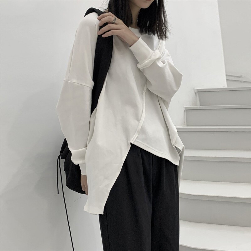 Yamamoto Dark Style Irregular Long-Sleeve T-Shirt Sweatshirt for Women with a Unique Design, Loose-Fitting Base Shirt for Autumn